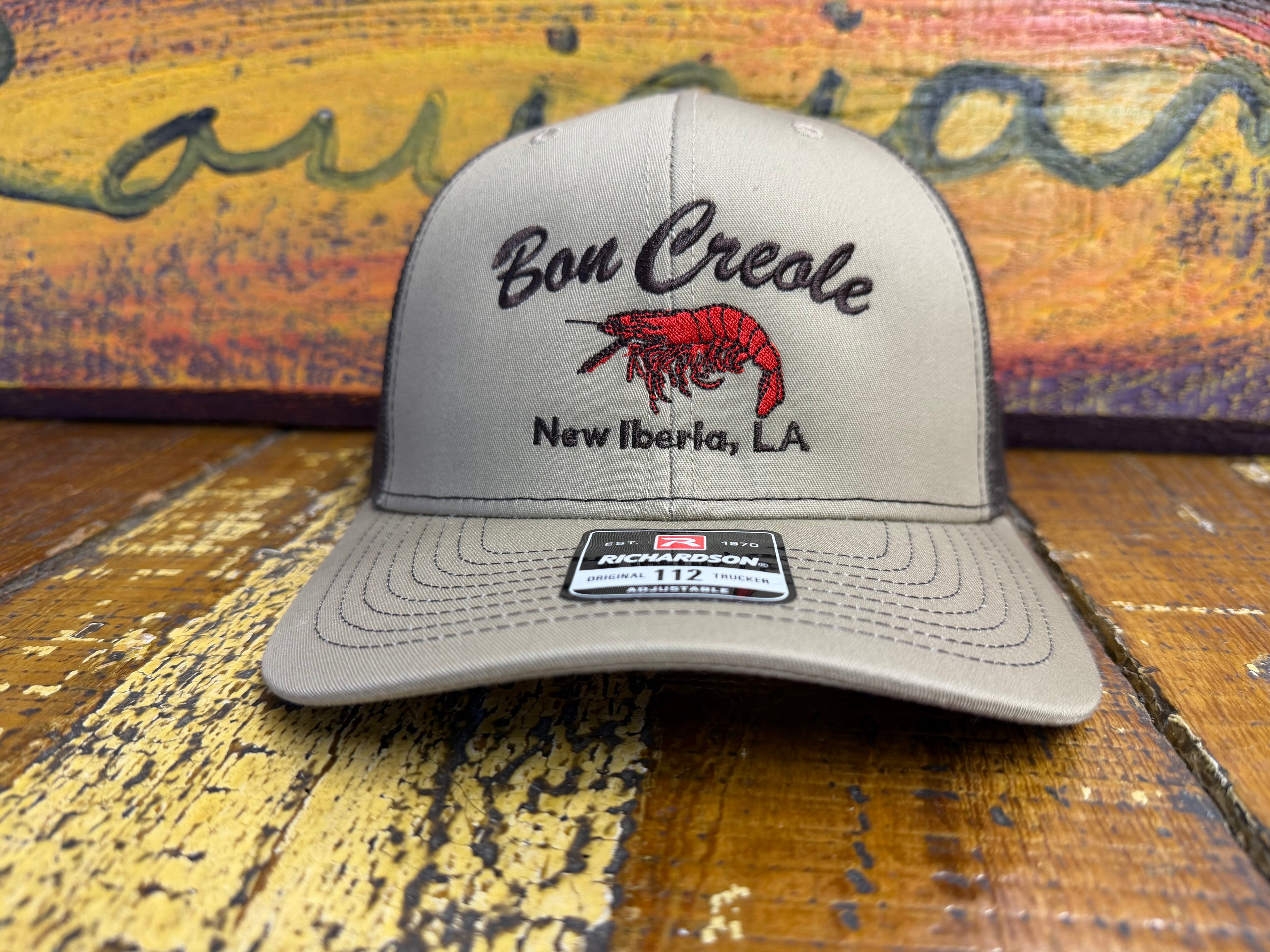 Khaki/ Dark brown hat with Brown/Red logo