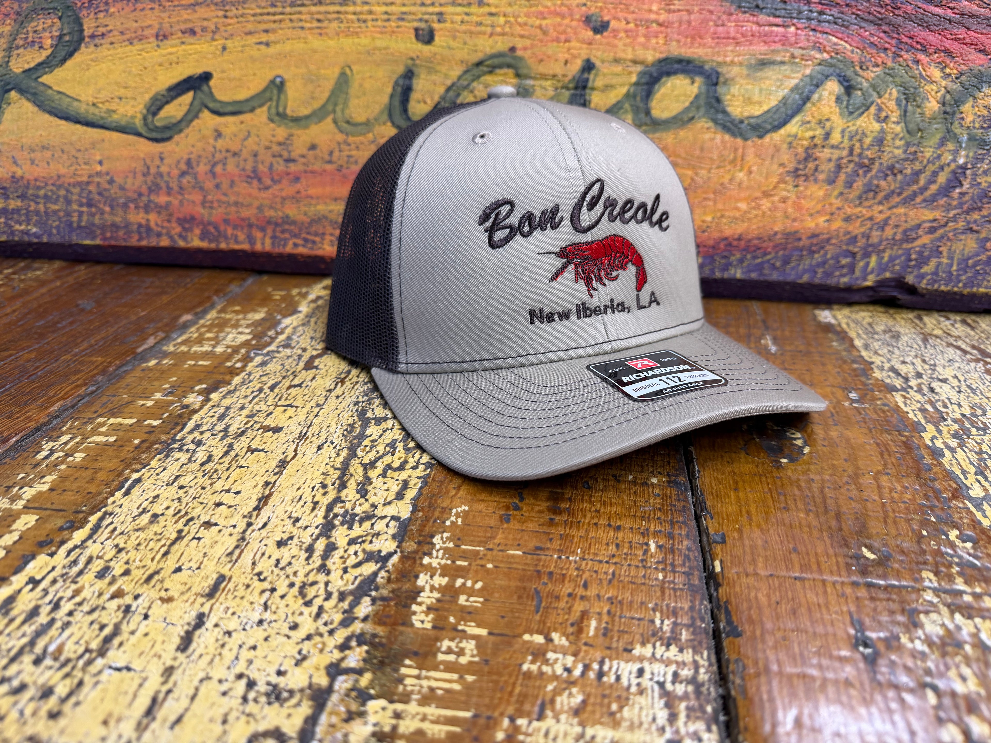 Khaki/ Dark brown hat with Brown/Red logo