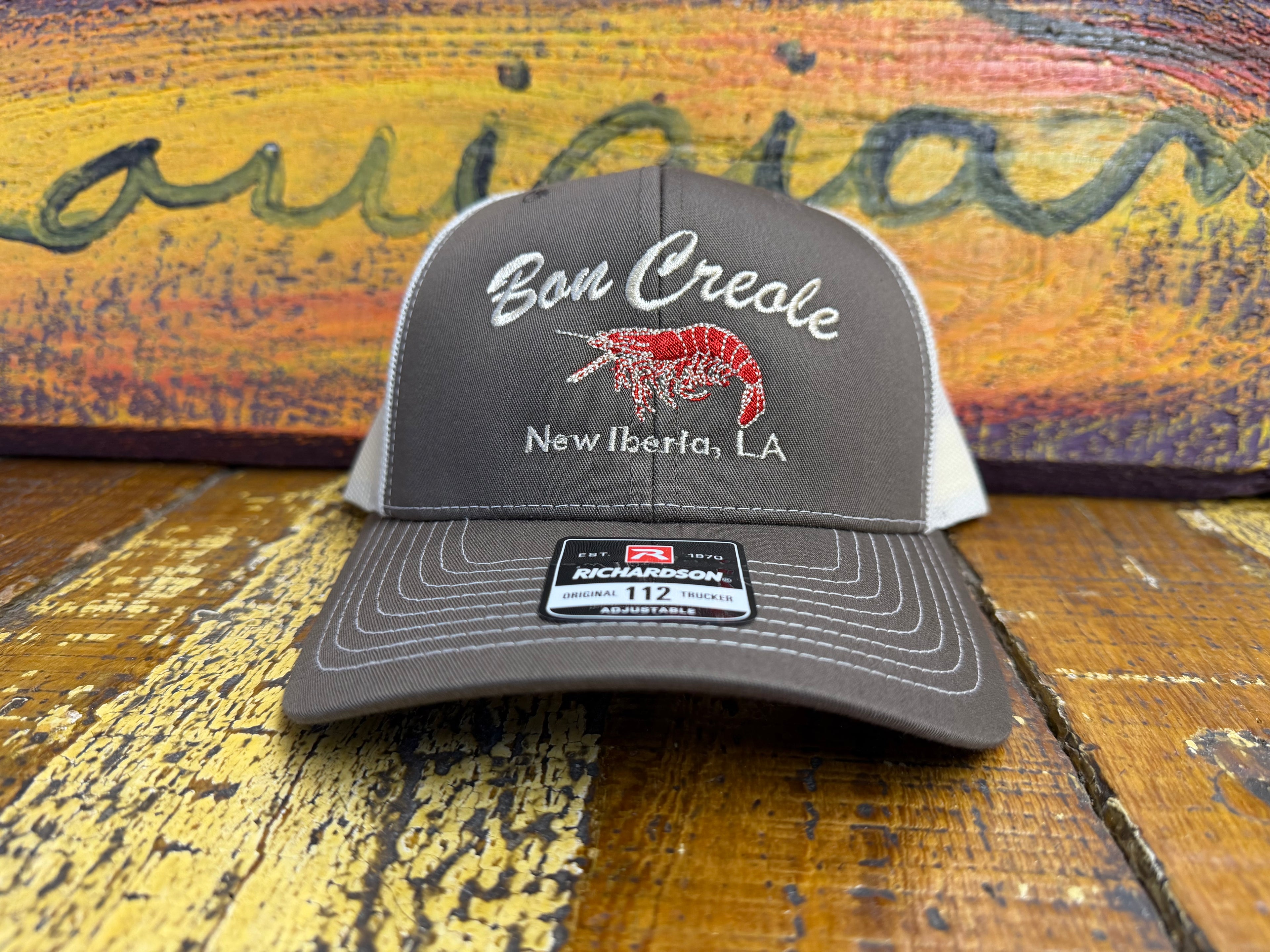 Brown and Khaki hat with White/Red Shrimp