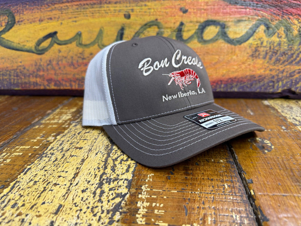 Brown and Khaki hat with White/Red Shrimp